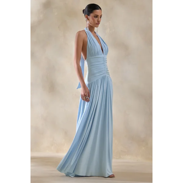 Bettina | Robe longue bleu poudré à encolure plongeante avec fronces