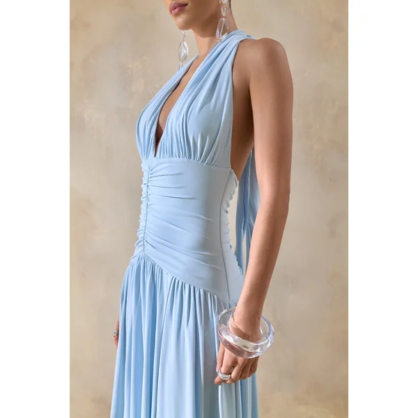 Bettina | Robe longue bleu poudré à encolure plongeante avec fronces