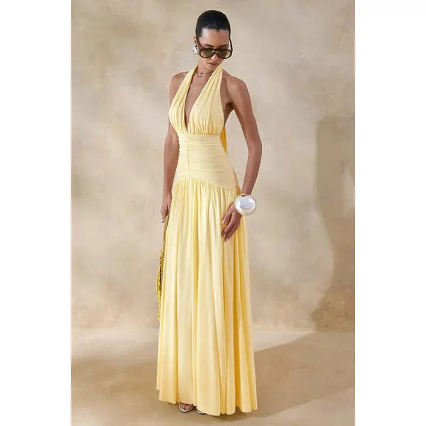 Bettina | Robe longue citron à décolleté plongeant avec détails froncés