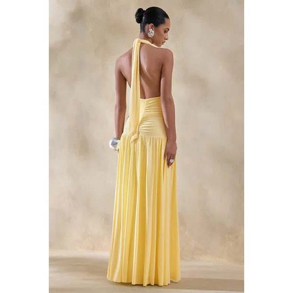 Bettina | Robe longue citron à décolleté plongeant avec détails froncés