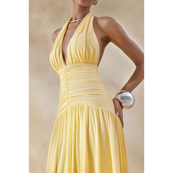 Bettina | Robe longue citron à décolleté plongeant avec détails froncés