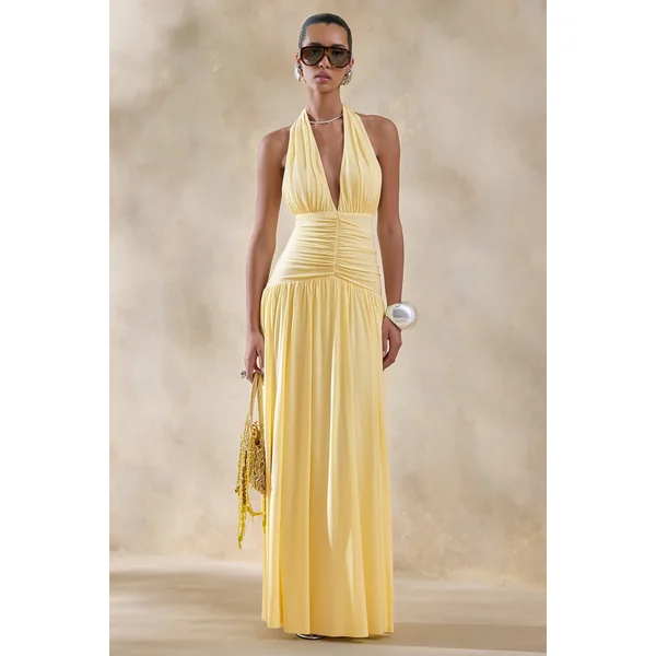 Bettina | Robe longue citron à décolleté plongeant avec détails froncés