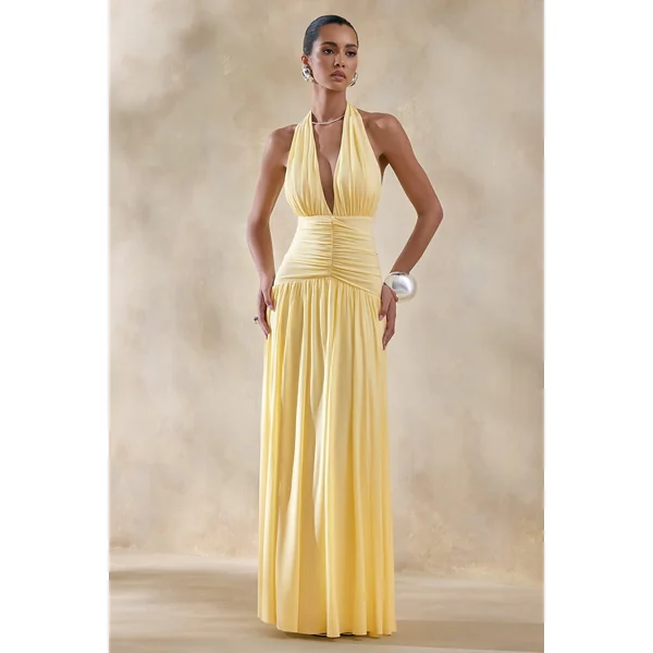 Bettina | Robe longue citron à décolleté plongeant avec détails froncés