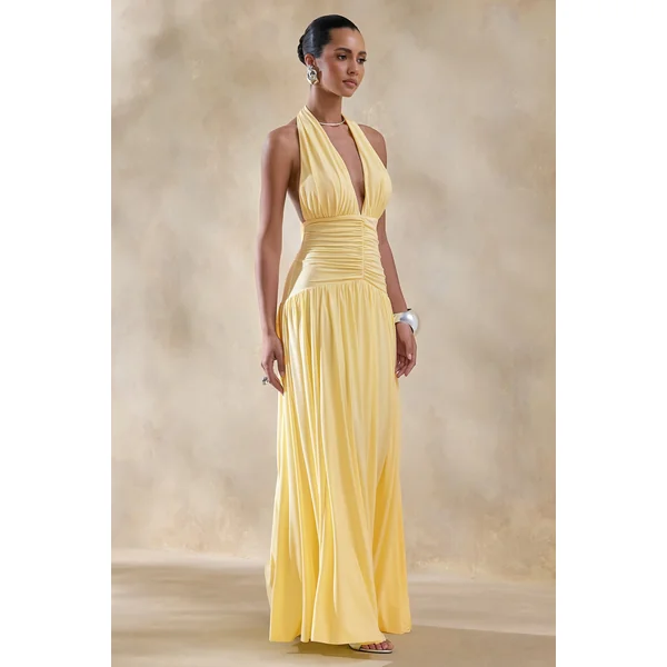 Bettina | Robe longue citron à décolleté plongeant avec détails froncés