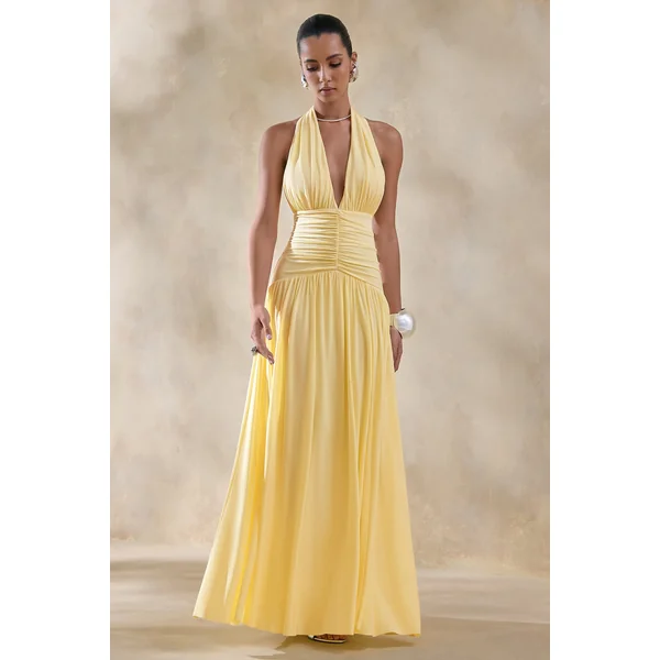Bettina | Robe longue citron à décolleté plongeant avec détails froncés