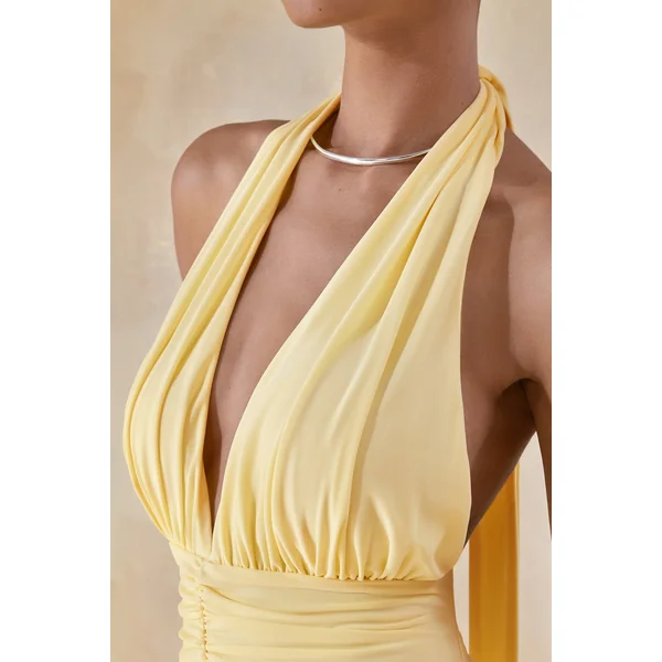 Bettina | Robe longue citron à décolleté plongeant avec détails froncés