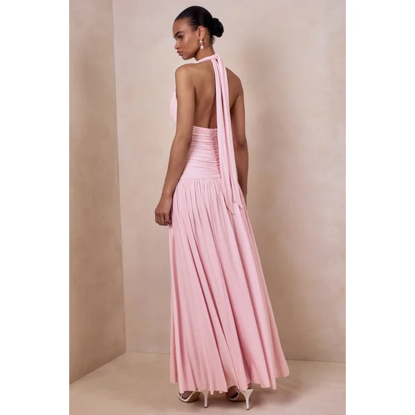 Bettina | Robe longue rose à encolure plongeante avec détails froncés