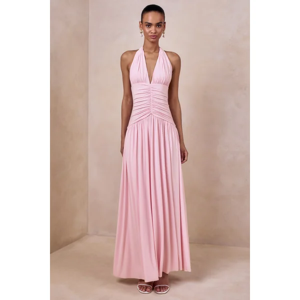 Bettina | Robe longue rose à encolure plongeante avec détails froncés