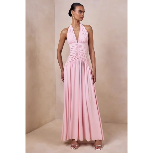 Bettina | Robe longue rose à encolure plongeante avec détails froncés