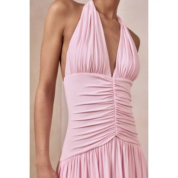 Bettina | Robe longue rose à encolure plongeante avec détails froncés