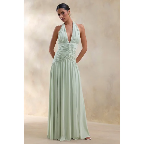 Bettina | Robe longue sauge à décolleté plongeant avec détails froncés