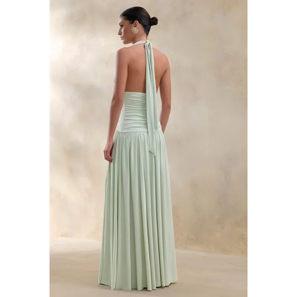 Bettina | Robe longue sauge à décolleté plongeant avec détails froncés