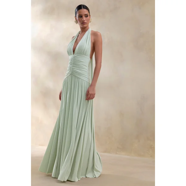 Bettina | Robe longue sauge à décolleté plongeant avec détails froncés
