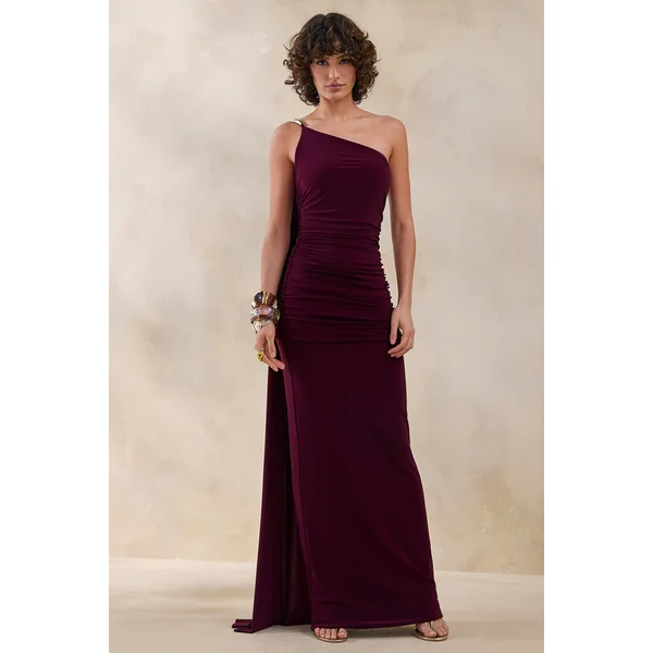 Bettine | Robe longue bordeaux à encolure asymétrique avec manche cape