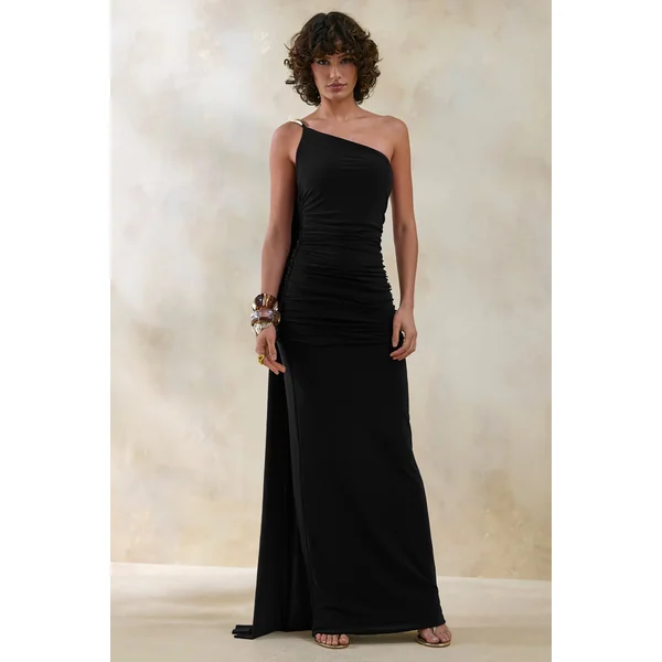 Bettine | Robe longue noire à encolure asymétrique avec manche cape