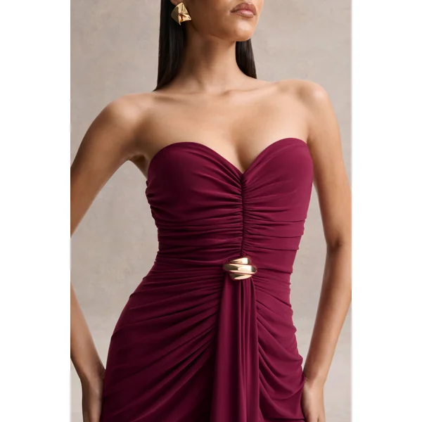Beverly | Robe longue bandeau bordeaux avec détails froncés