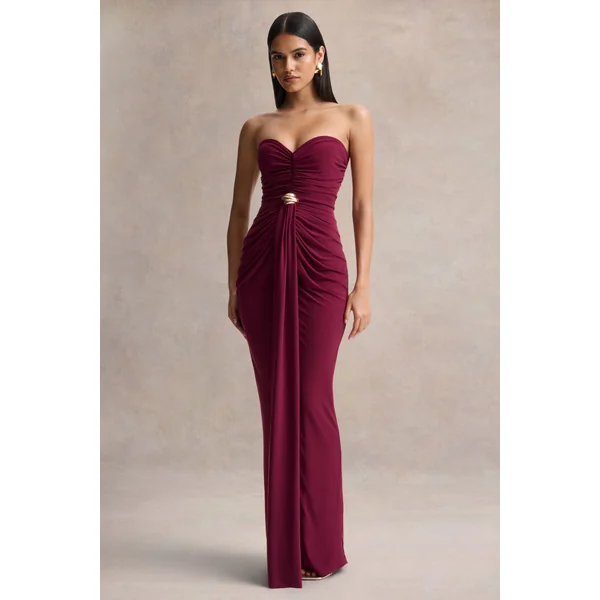 Beverly | Robe longue bandeau bordeaux avec détails froncés