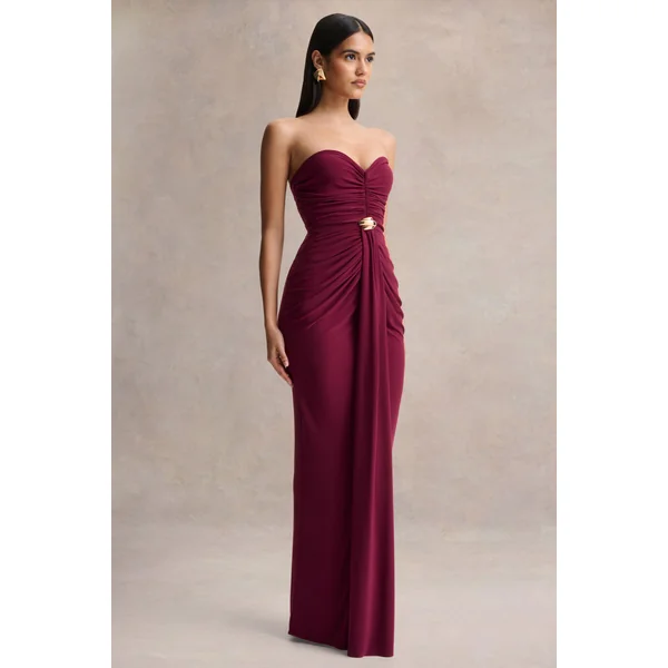 Beverly | Robe longue bandeau bordeaux avec détails froncés