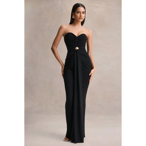 Beverly | Robe longue bandeau noire avec détails froncés