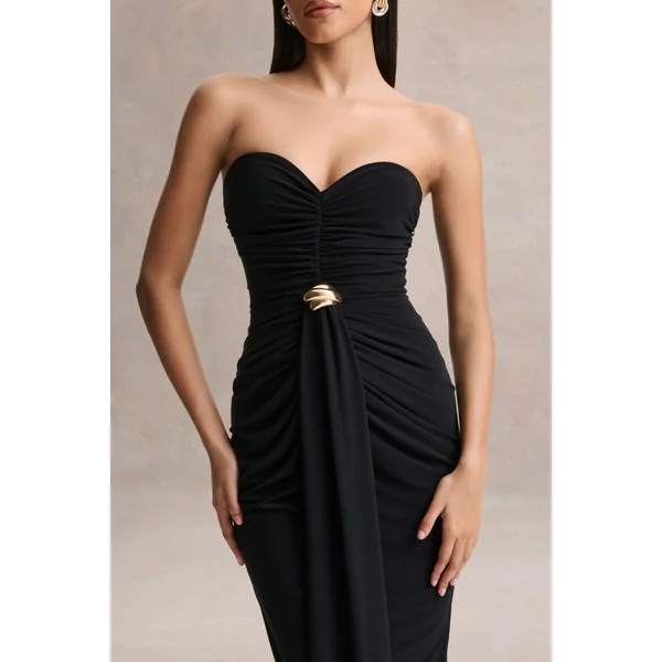 Beverly | Robe longue bandeau noire avec détails froncés
