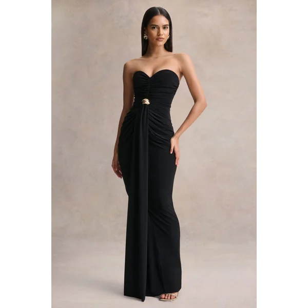 Beverly | Robe longue bandeau noire avec détails froncés