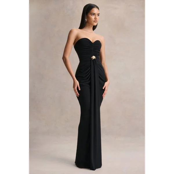 Beverly | Robe longue bandeau noire avec détails froncés