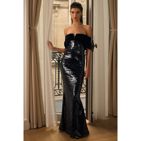 Bex | Robe Longue en Sequins Noirs à Encolure Bardot