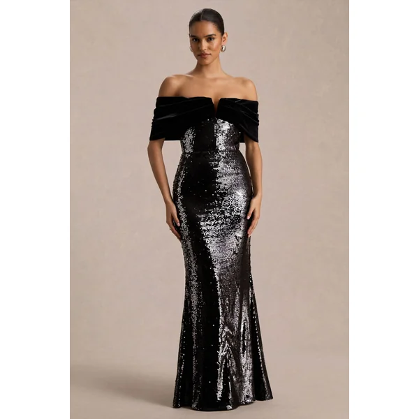 Bex | Robe Longue en Sequins Noirs à Encolure Bardot