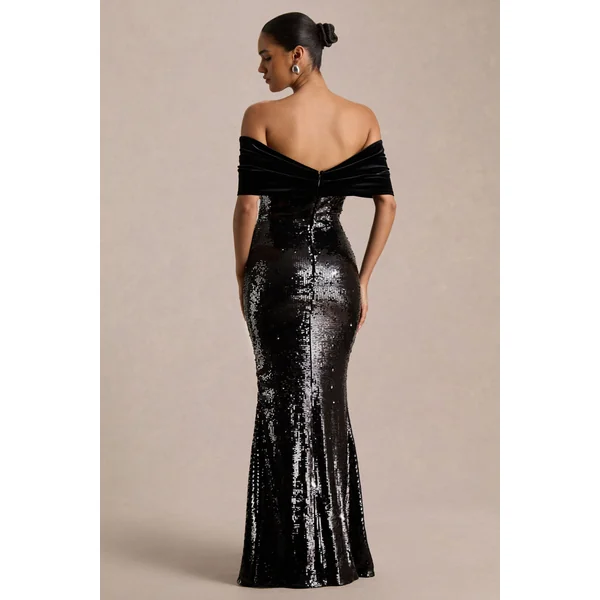 Bex | Robe Longue en Sequins Noirs à Encolure Bardot