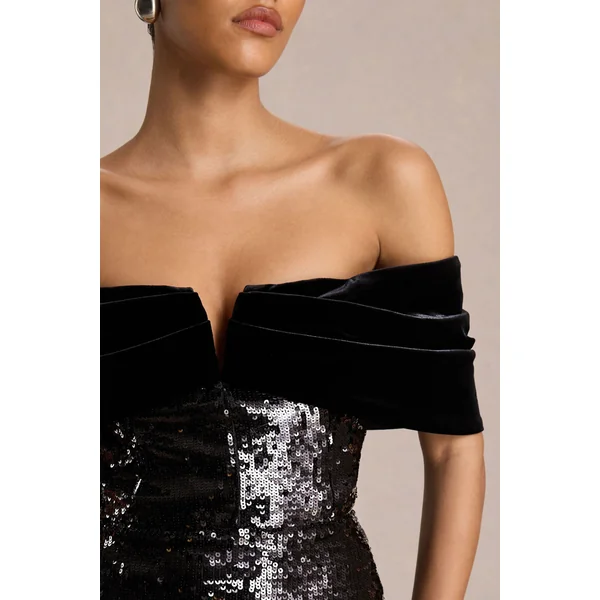 Bex | Robe Longue en Sequins Noirs à Encolure Bardot