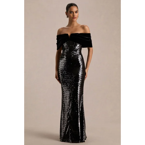 Bex | Robe Longue en Sequins Noirs à Encolure Bardot