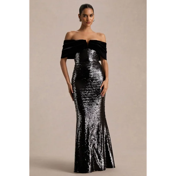 Bex | Robe Longue en Sequins Noirs à Encolure Bardot
