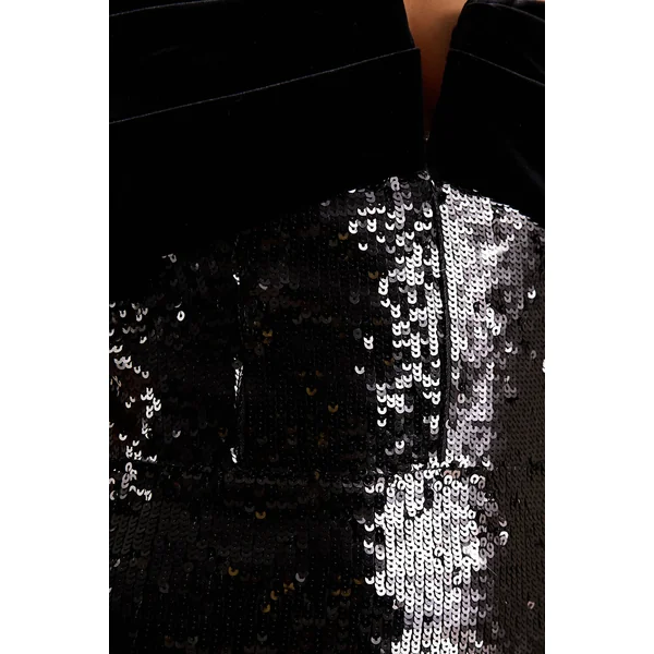 Bex | Robe Longue en Sequins Noirs à Encolure Bardot
