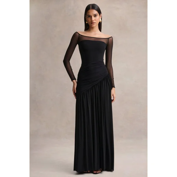 Bexley | Robe longue noire drapée à encolure bardot avec manches longues en mesh