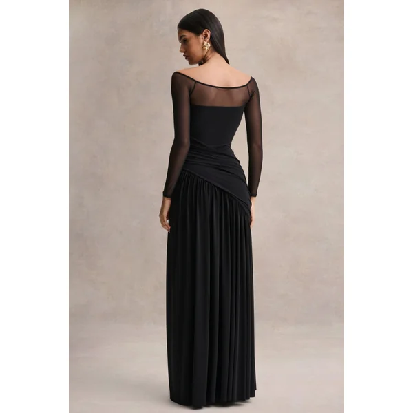 Bexley | Robe longue noire drapée à encolure bardot avec manches longues en mesh