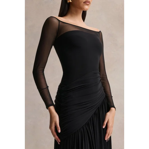 Bexley | Robe longue noire drapée à encolure bardot avec manches longues en mesh