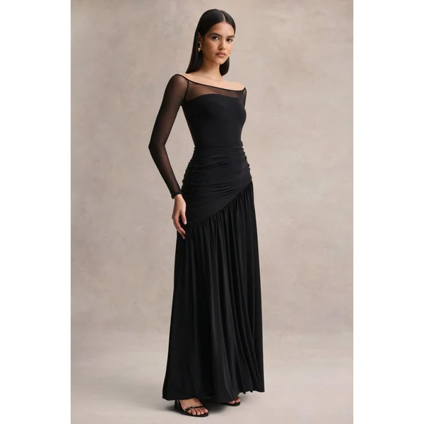 Bexley | Robe longue noire drapée à encolure bardot avec manches longues en mesh