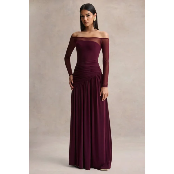 Bexley | Robe longue prune foncé à encolure Bardot avec manches en mesh