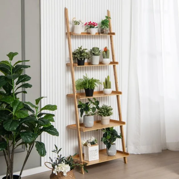 Bibliothèque 5 Niveaux Étagère Murale en Bambou 183 cm Rebords Antichute Kits Anti-basculement pour Salon Salle de Bain Bureau Naturel