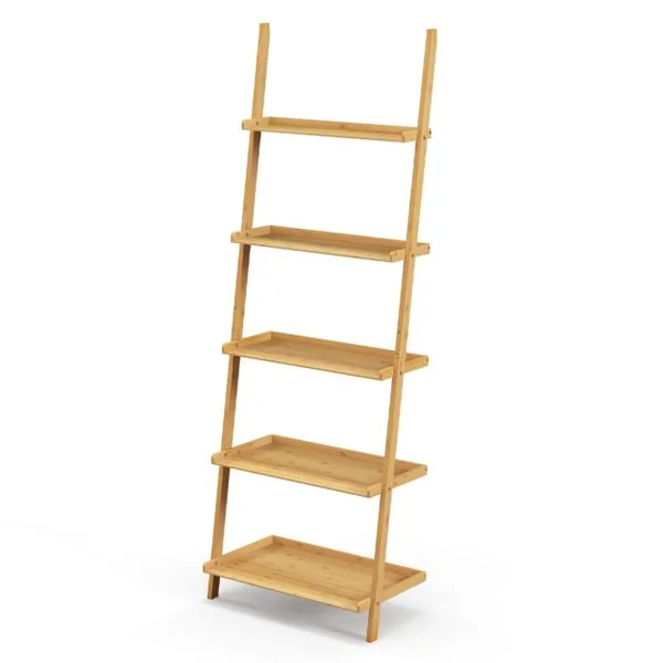 Bibliothèque 5 Niveaux Étagère Murale en Bambou 183 cm Rebords Antichute Kits Anti-basculement pour Salon Salle de Bain Bureau Naturel