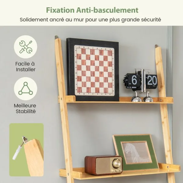 Bibliothèque 5 Niveaux Étagère Murale en Bambou 183 cm Rebords Antichute Kits Anti-basculement pour Salon Salle de Bain Bureau Naturel