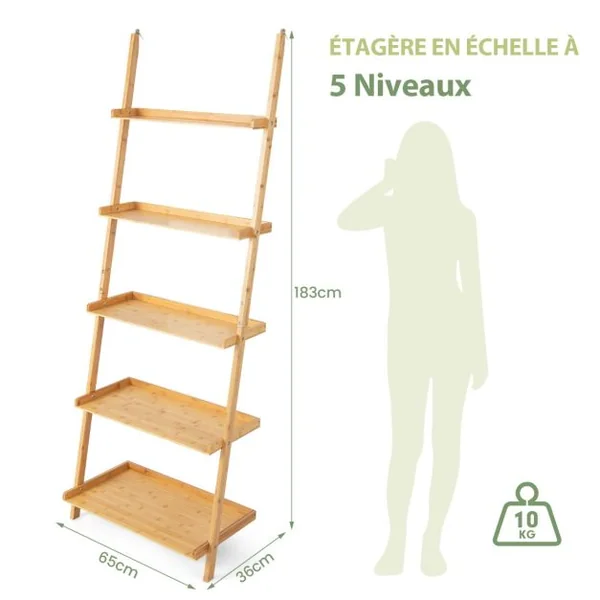Bibliothèque 5 Niveaux Étagère Murale en Bambou 183 cm Rebords Antichute Kits Anti-basculement pour Salon Salle de Bain Bureau Naturel