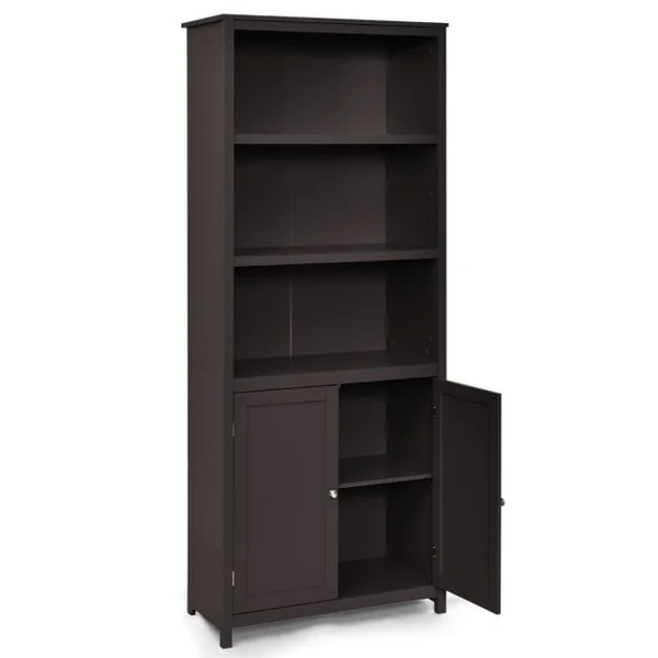 Bibliothèque avec Étagères Réglables de Rangement et Placard 2 Portes à 2 Niveaux pour Salon/Bureau 74,5 x 35,5 x 181,5cm Café