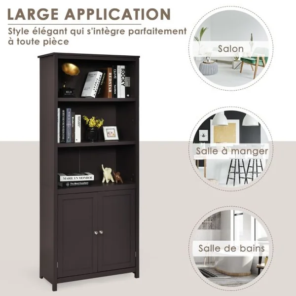 Bibliothèque avec Étagères Réglables de Rangement et Placard 2 Portes à 2 Niveaux pour Salon/Bureau 74,5 x 35,5 x 181,5cm Café