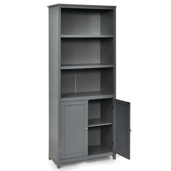 Bibliothèque avec Étagères Réglables de Rangement et Placard 2 Portes à 2 Niveaux pour Salon/Bureau 74,5 x 35,5 x 181,5cm Gris