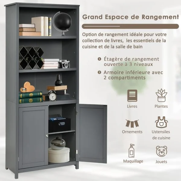 Bibliothèque avec Étagères Réglables de Rangement et Placard 2 Portes à 2 Niveaux pour Salon/Bureau 74,5 x 35,5 x 181,5cm Gris