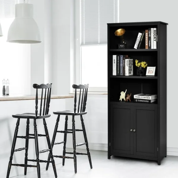 Bibliothèque avec Étagères Réglables de Rangement et Placard 2 Portes à 2 Niveaux pour Salon/Bureau 74,5 x 35,5 x 181,5cm Noir