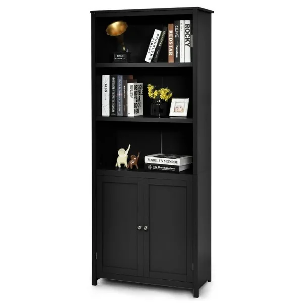 Bibliothèque avec Étagères Réglables de Rangement et Placard 2 Portes à 2 Niveaux pour Salon/Bureau 74,5 x 35,5 x 181,5cm Noir