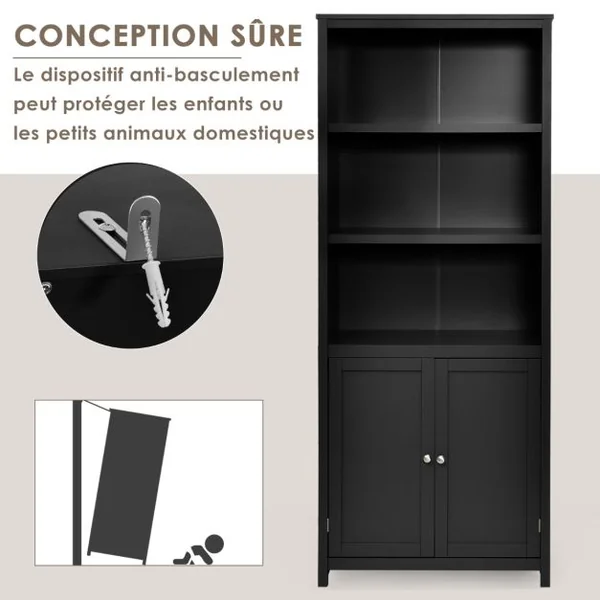 Bibliothèque avec Étagères Réglables de Rangement et Placard 2 Portes à 2 Niveaux pour Salon/Bureau 74,5 x 35,5 x 181,5cm Noir