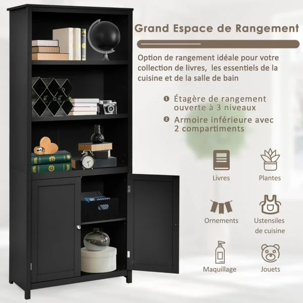 Bibliothèque avec Étagères Réglables de Rangement et Placard 2 Portes à 2 Niveaux pour Salon/Bureau 74,5 x 35,5 x 181,5cm Noir